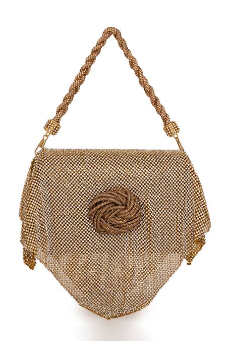 Shop_Beau Monde_Rose Gold Metallic Mesh Disco Embellished Clutch With Sling Chain _Online_at_Aza_Fashions