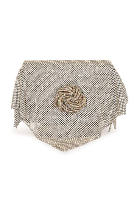 Beau Monde_Silver Metallic Thread, Sequins Disco Embellished Clutch With Sling Chain _Online_at_Aza_Fashions