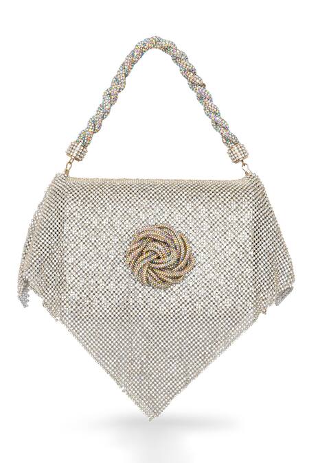 Buy_Beau Monde_Silver Metallic Thread, Sequins Disco Embellished Clutch With Sling Chain _Online_at_Aza_Fashions