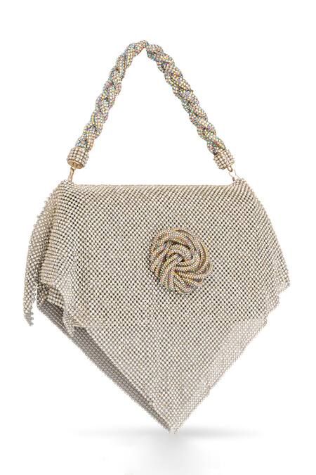 Shop_Beau Monde_Silver Metallic Thread, Sequins Disco Embellished Clutch With Sling Chain _Online_at_Aza_Fashions
