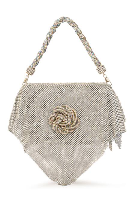 Beau Monde_Silver Metallic Thread, Sequins Disco Embellished Clutch With Sling Chain _at_Aza_Fashions