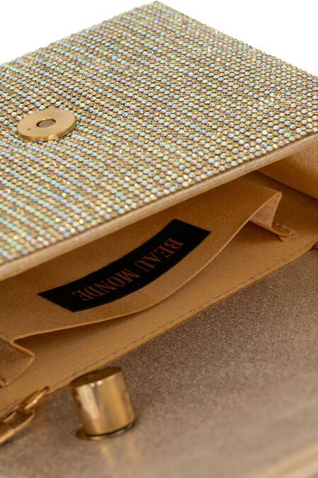 Buy_Beau Monde_Gold Stones Celeste Embellished Clutch With Detachable Sling Chain _Online_at_Aza_Fashions