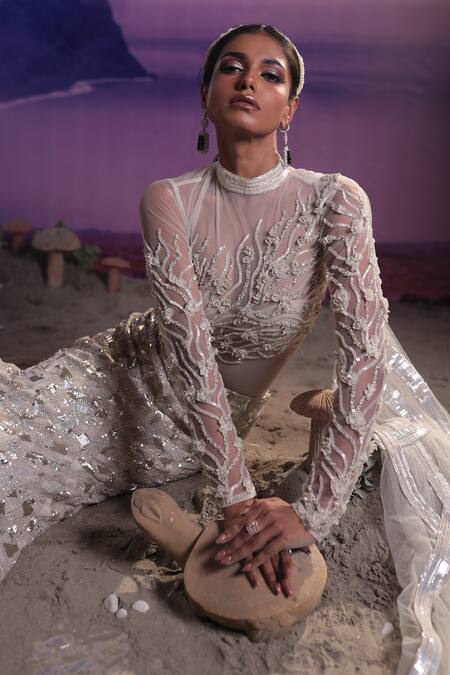 Buy_COUTURE BY NIHARIKA_Ivory Net, Organza Embroidery, Sequins Fish Cut Skirt With Draped Bodysuit _Online_at_Aza_Fashions