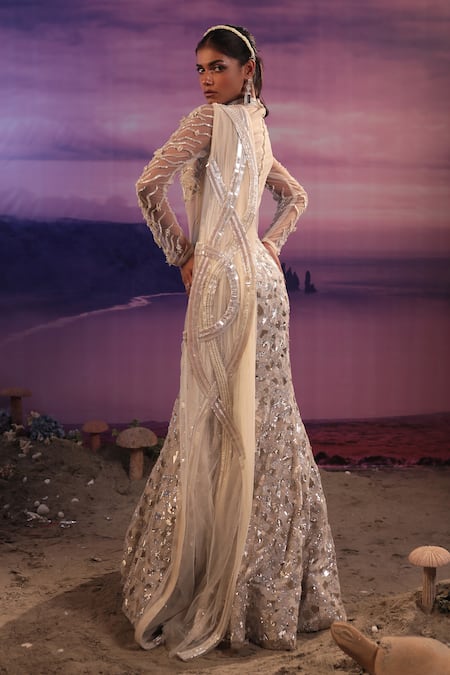 COUTURE BY NIHARIKA_Ivory Net, Organza Embroidery, Sequins Fish Cut Skirt With Draped Bodysuit _Online_at_Aza_Fashions