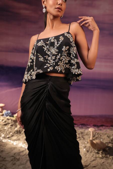 Buy COUTURE BY NIHARIKA Black Satin, Crepe Floral Embroidered Cape Top And Draped Skirt Set Online at Aza Fashions Buy_COUTURE BY NIHARIKA_Black Satin, Crepe Floral Embroidered Cape Top And Draped Skirt Set _Online_at_Aza_Fashions