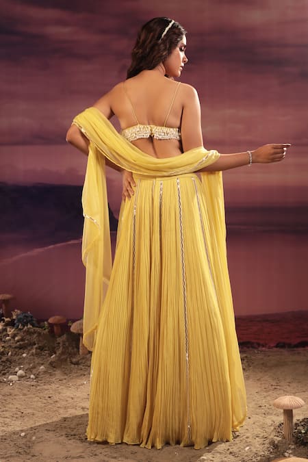 COUTURE BY NIHARIKA_Yellow Organza, Chiffon Pearls Sweetheart Drop Embroidered Blouse Lehenga Set _Online_at_Aza_Fashions