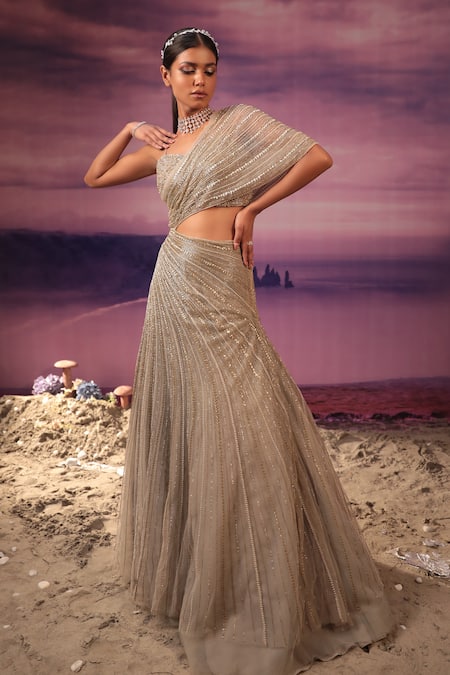 COUTURE BY NIHARIKA Grey Net Hand Embroidered Sequins Bustier Square Draped Gown With 