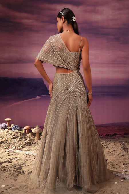 COUTURE BY NIHARIKA Grey Net Sequins, Embroidery Open Neck, Square Hand Draped Gown With Bustier Online at Aza Fashions COUTURE BY NIHARIKA_Grey Net Sequins, Embroidery Open Neck, Square Hand Draped Gown With Bustier _Online_at_Aza_Fashions