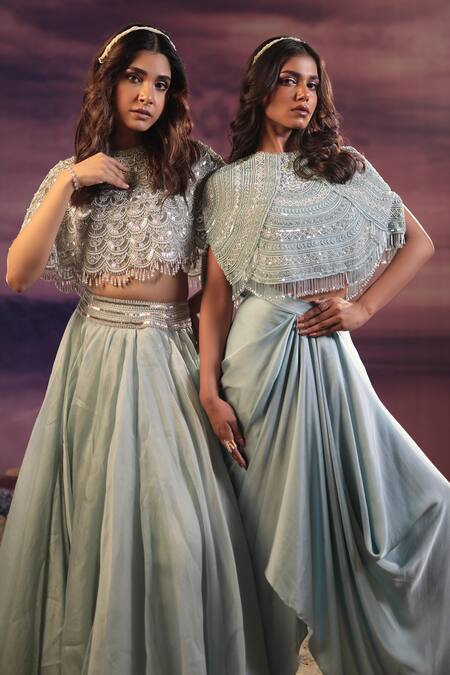 Buy COUTURE BY NIHARIKA Blue Satin, Organza Sequins, Cut Hand Embroidered Cape With Draped Skirt Set Online at Aza Fashions Buy_COUTURE BY NIHARIKA_Blue Satin, Organza Sequins, Cut Hand Embroidered Cape With Draped Skirt Set _Online_at_Aza_Fashions
