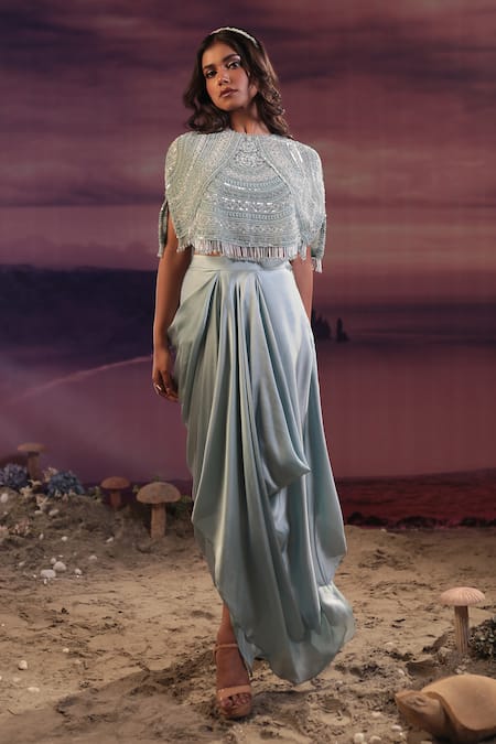 COUTURE BY NIHARIKA Blue Satin And Organza Hand Embroidered Sequins With Draped Skirt Set 