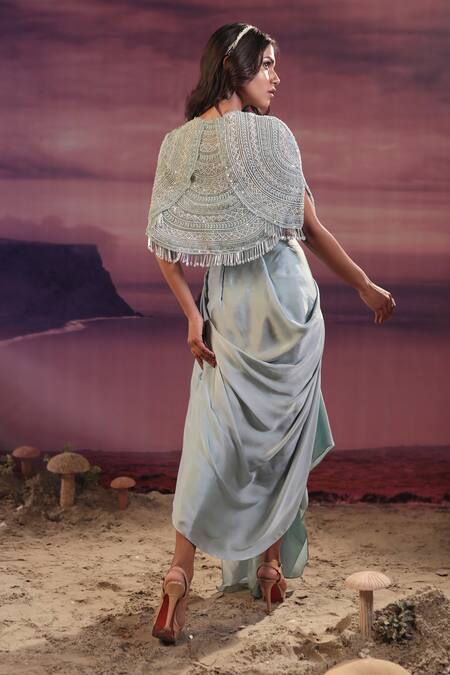 COUTURE BY NIHARIKA Blue Satin, Organza Sequins, Cut Hand Embroidered Cape With Draped Skirt Set Online at Aza Fashions COUTURE BY NIHARIKA_Blue Satin, Organza Sequins, Cut Hand Embroidered Cape With Draped Skirt Set _Online_at_Aza_Fashions