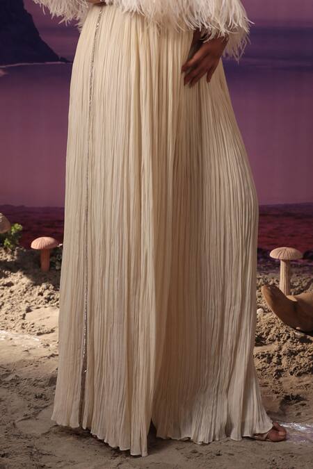 Buy COUTURE BY NIHARIKA Ivory Organza, Crepe, Viscose Feathers, Embroidered Cape With Pleated Pant Set Online at Aza Fashions Buy_COUTURE BY NIHARIKA_Ivory Organza, Crepe, Viscose Feathers, Embroidered Cape With Pleated Pant Set _Online_at_Aza_Fashions