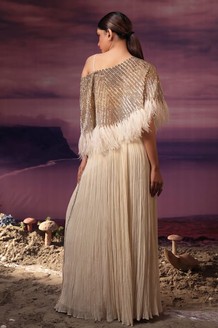 COUTURE BY NIHARIKA Ivory Organza, Crepe, Viscose Feathers, Embroidered Cape With Pleated Pant Set Online at Aza Fashions COUTURE BY NIHARIKA_Ivory Organza, Crepe, Viscose Feathers, Embroidered Cape With Pleated Pant Set _Online_at_Aza_Fashions