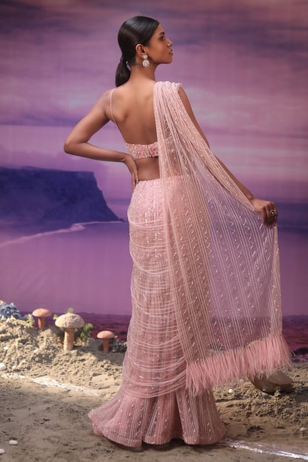 Buy COUTURE BY NIHARIKA Pink Net, Organza Embroidery, Sequins Sweetheart Neck Floral Linear Saree Set Online at Aza Fashions Buy_COUTURE BY NIHARIKA_Pink Net, Organza Embroidery, Sequins Sweetheart Neck Floral Linear Saree Set _Online_at_Aza_Fashions