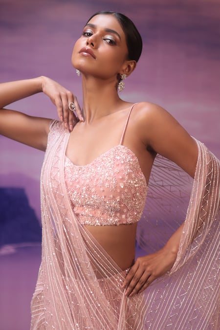 Shop COUTURE BY NIHARIKA Pink Net, Organza Embroidery, Sequins Sweetheart Neck Floral Linear Saree Set Online at Aza Fashions Shop_COUTURE BY NIHARIKA_Pink Net, Organza Embroidery, Sequins Sweetheart Neck Floral Linear Saree Set _Online_at_Aza_Fashions