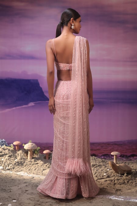 Shop COUTURE BY NIHARIKA Pink Net, Organza Embroidery, Sequins Sweetheart Neck Floral Linear Saree Set at Aza Fashions Shop_COUTURE BY NIHARIKA_Pink Net, Organza Embroidery, Sequins Sweetheart Neck Floral Linear Saree Set _at_Aza_Fashions