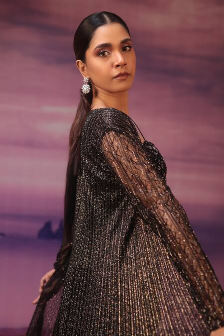 Buy COUTURE BY NIHARIKA Black Satin, Net Sequins Square Neck, Embroidered Jacket With Draped Skirt Set Online at Aza Fashions Buy_COUTURE BY NIHARIKA_Black Satin, Net Sequins Square Neck, Embroidered Jacket With Draped Skirt Set _Online_at_Aza_Fashions