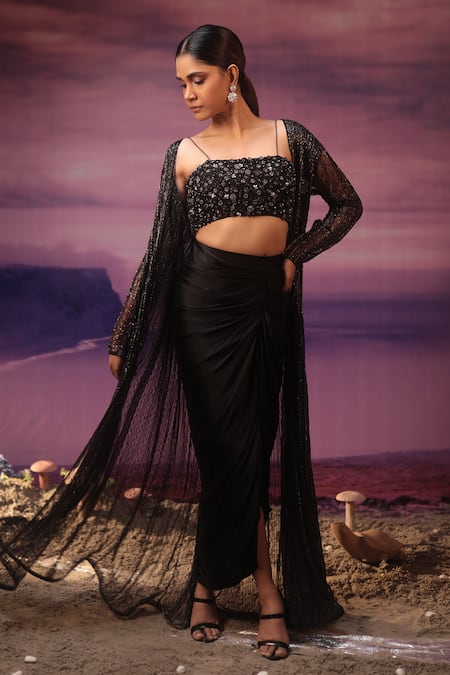 COUTURE BY NIHARIKA Black Net Hand Embroidered Lines Square Jacket With Draped Skirt Set 