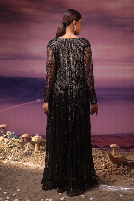 Shop COUTURE BY NIHARIKA Black Satin, Net Sequins Square Neck, Embroidered Jacket With Draped Skirt Set at Aza Fashions Shop_COUTURE BY NIHARIKA_Black Satin, Net Sequins Square Neck, Embroidered Jacket With Draped Skirt Set _at_Aza_Fashions