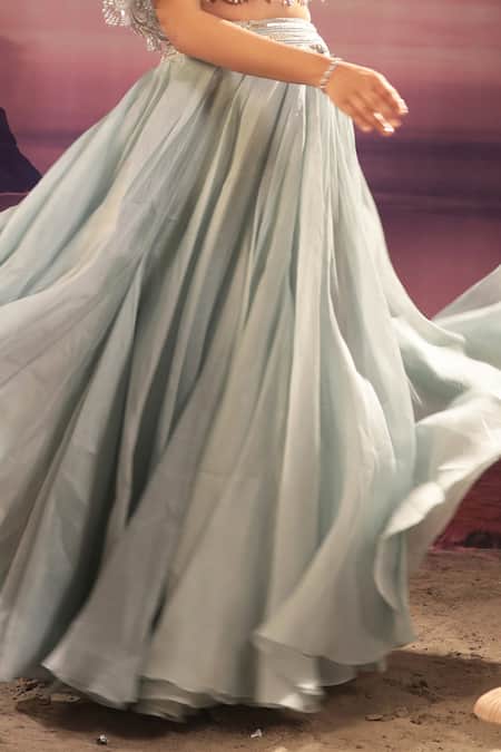 COUTURE BY NIHARIKA_Blue Organza Metallic Thread Collared Scalloped Embroidered Cape And Lehenga Set _Online_at_Aza_Fashions