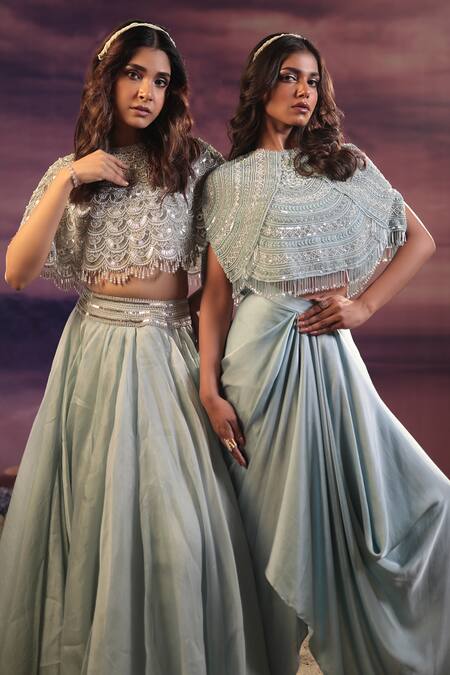 Shop_COUTURE BY NIHARIKA_Blue Organza Metallic Thread Collared Scalloped Embroidered Cape And Lehenga Set _Online_at_Aza_Fashions