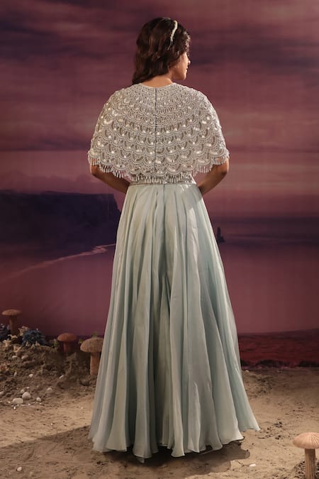 Shop_COUTURE BY NIHARIKA_Blue Organza Metallic Thread Collared Scalloped Embroidered Cape And Lehenga Set _at_Aza_Fashions