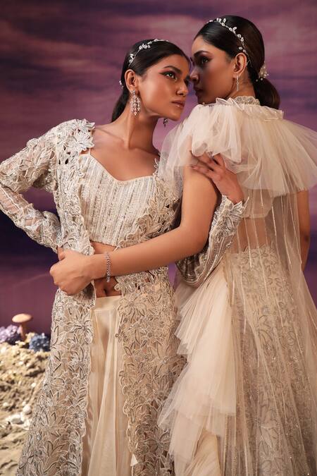Buy COUTURE BY NIHARIKA Ivory Net Embroidery Sweetheart , Open Floral Jacket With Skirt Set Online at Aza Fashions Buy_COUTURE BY NIHARIKA_Ivory Net Embroidery Sweetheart , Open Floral Jacket With Skirt Set _Online_at_Aza_Fashions