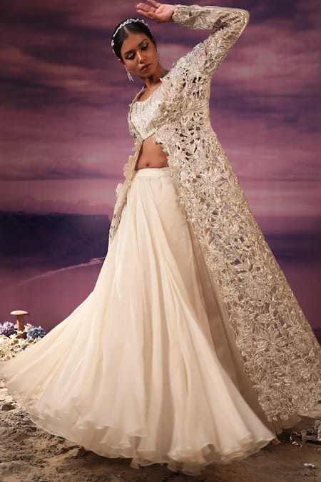 COUTURE BY NIHARIKA Ivory Net Hand Embroidered Linear Floral Jacket With Skirt Set 