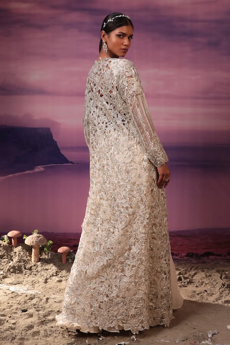 COUTURE BY NIHARIKA Ivory Net Embroidery Sweetheart , Open Floral Jacket With Skirt Set Online at Aza Fashions COUTURE BY NIHARIKA_Ivory Net Embroidery Sweetheart , Open Floral Jacket With Skirt Set _Online_at_Aza_Fashions