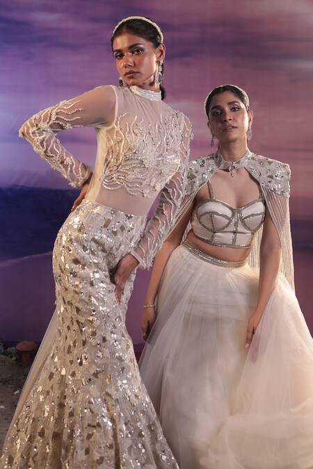 Shop_COUTURE BY NIHARIKA_Ivory Organza, Net Embroidery, Cut Work Sweetheart Neck Long Cape With Skirt Set _Online_at_Aza_Fashions