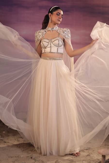 COUTURE BY NIHARIKA Ivory Organza And Net Hand Embroidered Cutdana Long Cape With Skirt Set  