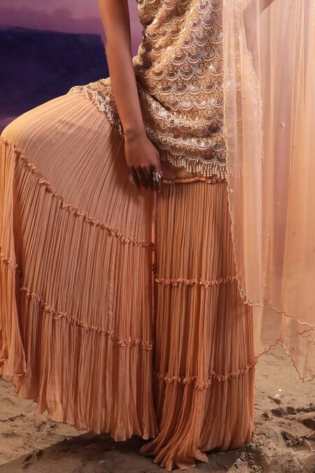 COUTURE BY NIHARIKA_Peach Organza, Viscose, Net Mirrors Scalloped Embroidered Kurta Sharara Set _Online_at_Aza_Fashions