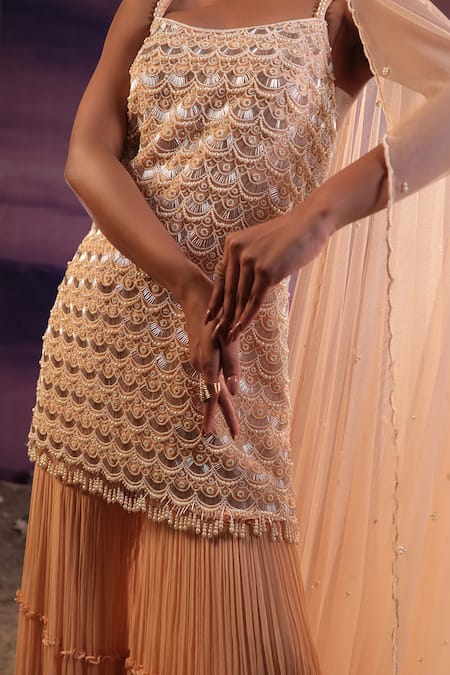 Buy_COUTURE BY NIHARIKA_Peach Organza, Viscose, Net Mirrors Scalloped Embroidered Kurta Sharara Set _Online_at_Aza_Fashions