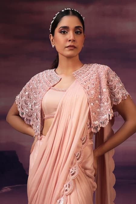 COUTURE BY NIHARIKA_Peach Satin, Georgette, Organza Scallop Bordered Pre-draped Saree Set With Cape _Online_at_Aza_Fashions
