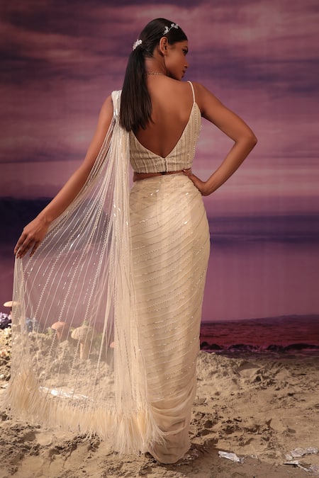 COUTURE BY NIHARIKA_Ivory Organza, Net, Vertical Geometric Embroidered Pre-draped Saree With Blouse _Online_at_Aza_Fashions
