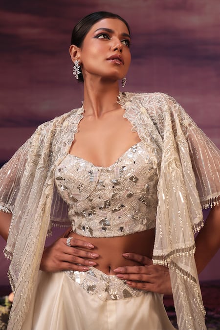 Buy_COUTURE BY NIHARIKA_Ivory Satin, Organza, Net Beads, Cut Work, Geometric Cape Flared Pant Set _Online_at_Aza_Fashions