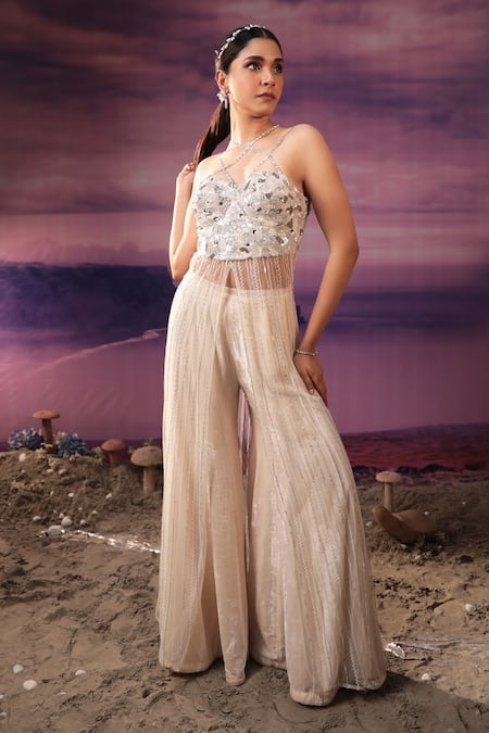 COUTURE BY NIHARIKA Ivory Velvet Embroidery Sequin Sweetheart Corset And Flared Pant Set 