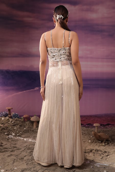 COUTURE BY NIHARIKA Ivory Organza, Net, Velvet Sequins, Cut Embroidered Corset And Flared Pant Set Online at Aza Fashions COUTURE BY NIHARIKA_Ivory Organza, Net, Velvet Sequins, Cut Embroidered Corset And Flared Pant Set _Online_at_Aza_Fashions