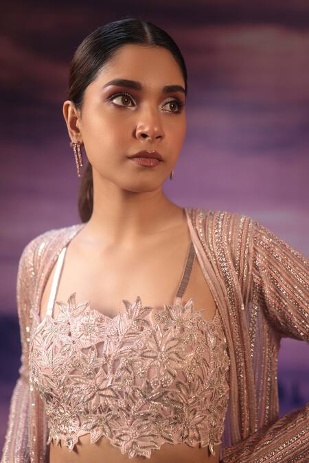 Buy COUTURE BY NIHARIKA Pink Organza, Viscose Sequins, Embroidery Geometric Line Jacket Flared Pant Set Online at Aza Fashions Buy_COUTURE BY NIHARIKA_Pink Organza, Viscose Sequins, Embroidery Geometric Line Jacket Flared Pant Set _Online_at_Aza_Fashions