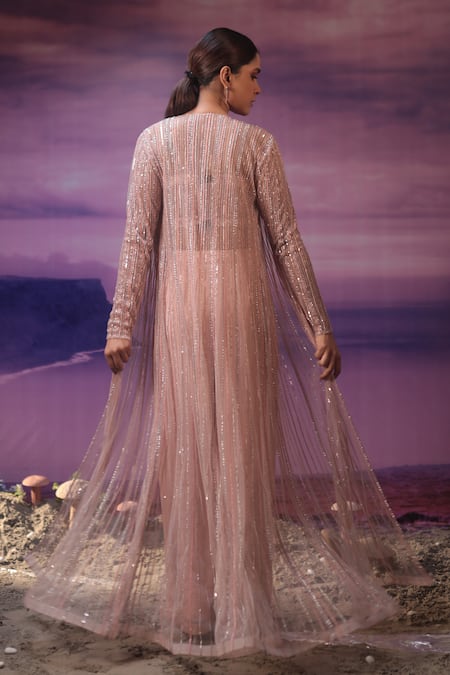 Shop COUTURE BY NIHARIKA Pink Organza, Viscose Sequins, Embroidery Geometric Line Jacket Flared Pant Set at Aza Fashions Shop_COUTURE BY NIHARIKA_Pink Organza, Viscose Sequins, Embroidery Geometric Line Jacket Flared Pant Set _at_Aza_Fashions