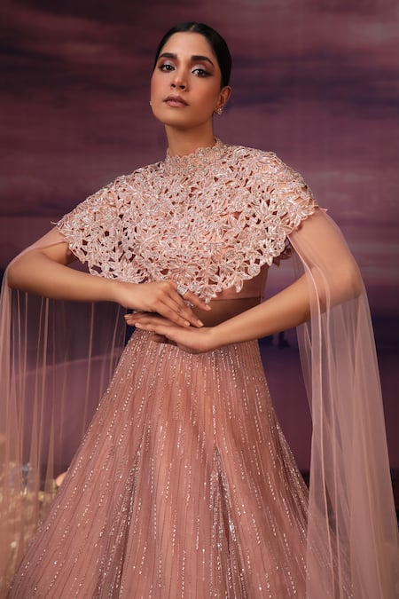 COUTURE BY NIHARIKA Peach Organza, Net Cut Work Collared Cutdana Embroidered Cape Lehenga Set Online at Aza Fashions COUTURE BY NIHARIKA_Peach Organza, Net Cut Work Collared Cutdana Embroidered Cape Lehenga Set _Online_at_Aza_Fashions