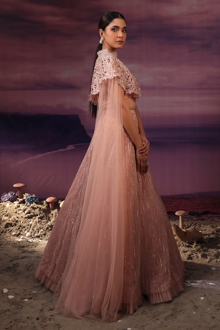 Shop COUTURE BY NIHARIKA Peach Organza, Net Cut Work Collared Cutdana Embroidered Cape Lehenga Set at Aza Fashions Shop_COUTURE BY NIHARIKA_Peach Organza, Net Cut Work Collared Cutdana Embroidered Cape Lehenga Set _at_Aza_Fashions