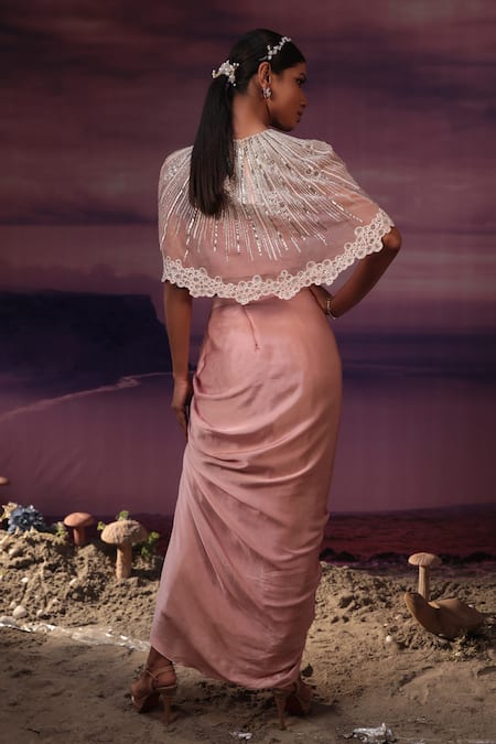 COUTURE BY NIHARIKA Pink Satin Embroidery Round Neck Geometric Line Cape Draped Skirt Set Online at Aza Fashions COUTURE BY NIHARIKA_Pink Satin Embroidery Round Neck Geometric Line Cape Draped Skirt Set _Online_at_Aza_Fashions