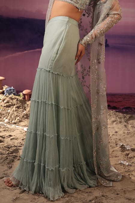 COUTURE BY NIHARIKA_Blue Organza, Viscose Embroidery, Cut Work, Sequins Floral Jacket Sharara Set _Online_at_Aza_Fashions