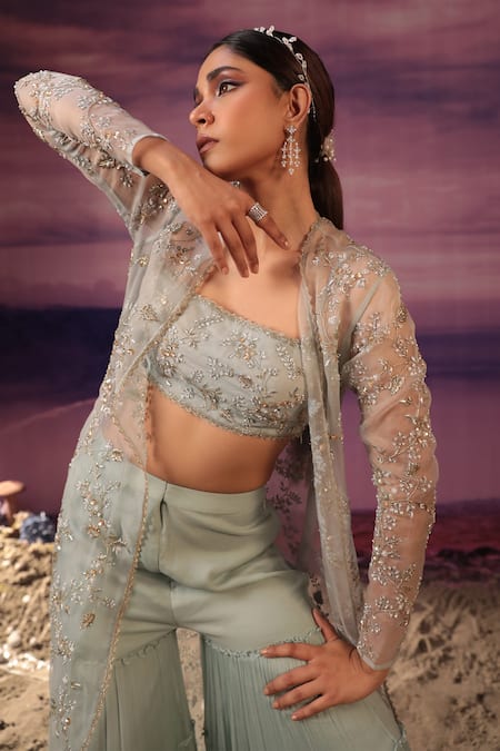 Buy_COUTURE BY NIHARIKA_Blue Organza, Viscose Embroidery, Cut Work, Sequins Floral Jacket Sharara Set _Online_at_Aza_Fashions