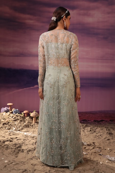 Shop_COUTURE BY NIHARIKA_Blue Organza, Viscose Embroidery, Cut Work, Sequins Floral Jacket Sharara Set _at_Aza_Fashions