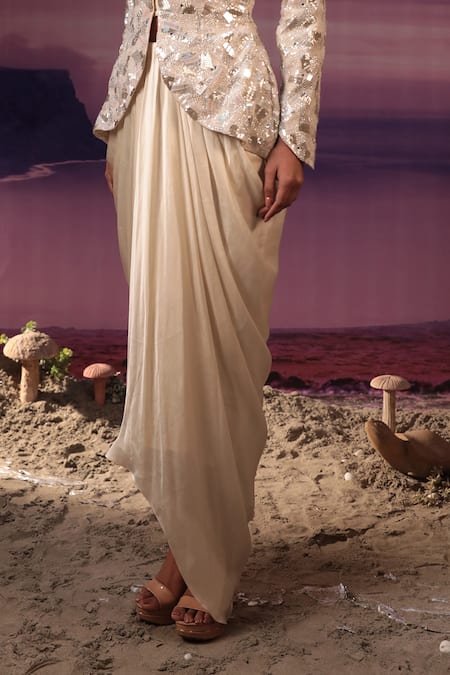 COUTURE BY NIHARIKA Ivory Organza, Satin Sequins, Geometric Embroidered Jacket And Draped Skirt Set Online at Aza Fashions COUTURE BY NIHARIKA_Ivory Organza, Satin Sequins, Geometric Embroidered Jacket And Draped Skirt Set _Online_at_Aza_Fashions