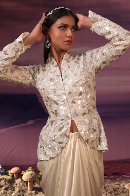 Buy COUTURE BY NIHARIKA Ivory Organza, Satin Sequins, Geometric Embroidered Jacket And Draped Skirt Set Online at Aza Fashions Buy_COUTURE BY NIHARIKA_Ivory Organza, Satin Sequins, Geometric Embroidered Jacket And Draped Skirt Set _Online_at_Aza_Fashions