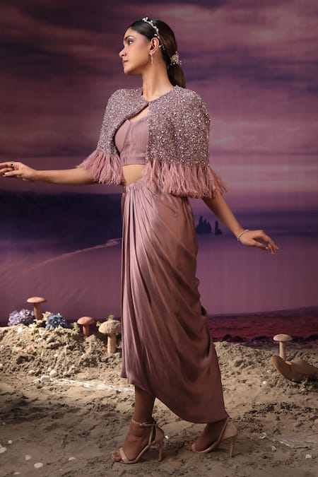 Shop_COUTURE BY NIHARIKA_Purple Satin, Viscose, Organza Sequins Embroidered Cape Draped Skirt Set _at_Aza_Fashions
