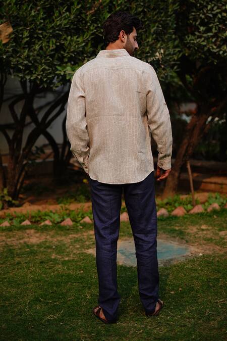 Linen Bloom Geometric Print Butterfly Embroidered Shirt 